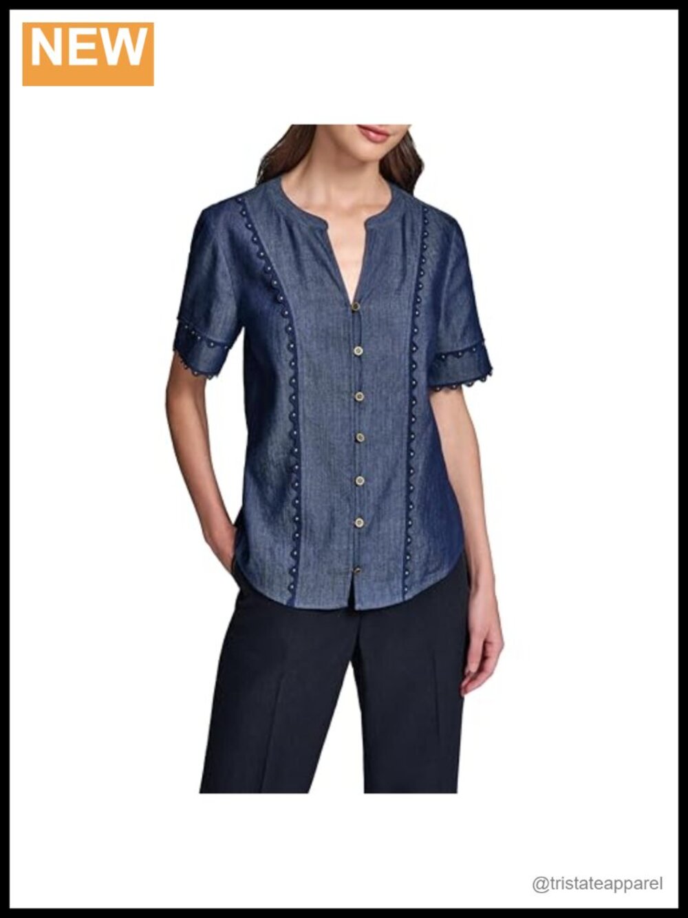 Karl Lagerfeld Short Sleeve Blouse with Gold Nailhead Details - Cotton Viscose